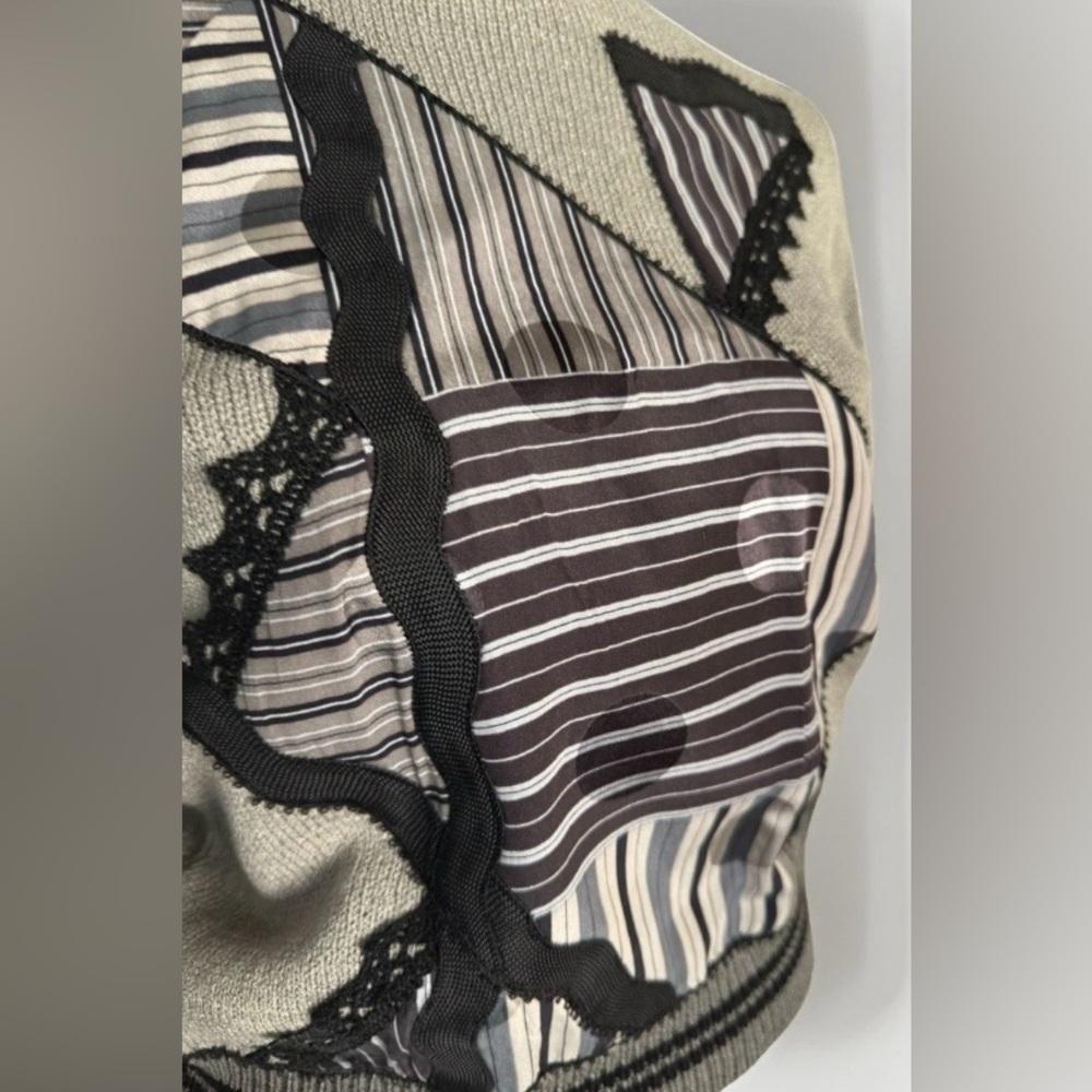 Gray Patchwork Knit Sweater Small Lace Striped Av… - image 6